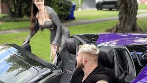 Brunette hottie hopped into a stranger's car, fucking in a parking lot after