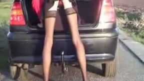 My skinny and freaky girlfriend rides a tow hook of my car