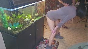 Friends wife fucking dildo while two friends cum on her dildo