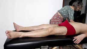 He managed to take off the masseuse&#039;s clothes and convince her to give him a blowjob and sit on him.