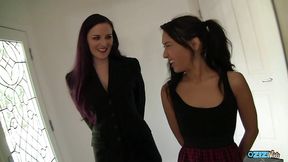 Two brunette babes Caroline and Jesse share a big cock until they both cum hard